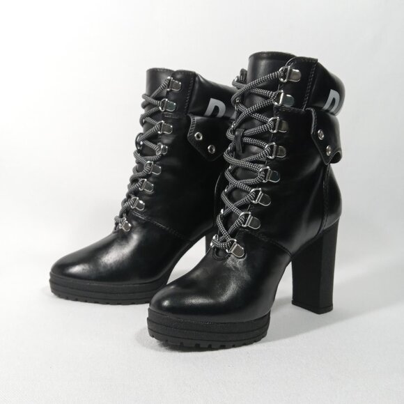 DKNY Black Moto Style Lace Up Logo High Heel Ankle Boots Womens Size 7.5 - Picture 3 of 14